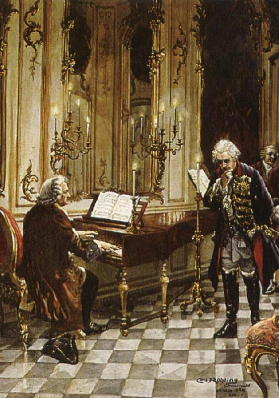 franz schubert a romanticized artist s impression of bach s visit to frederick the great at the palace of sans souci in potsdam oil painting image